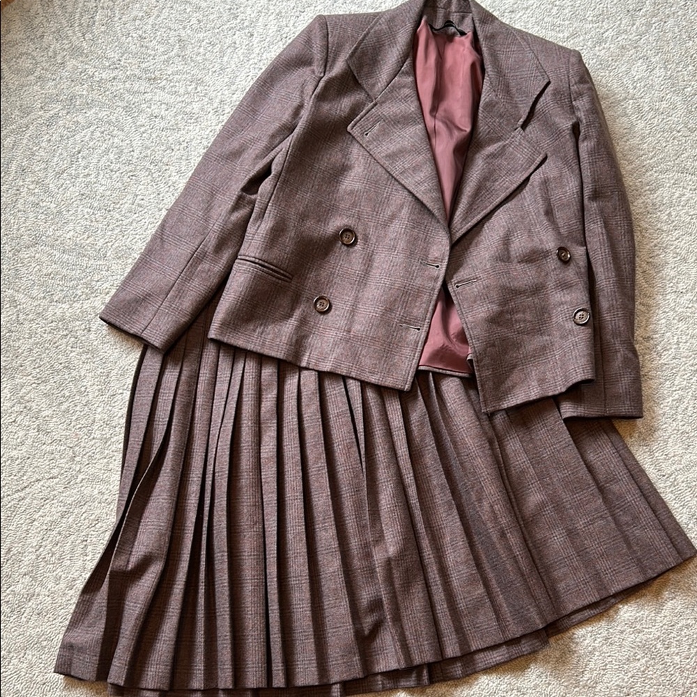 Vintage Brown Plaid Blazer and Pleated Wool  Skirt Set
